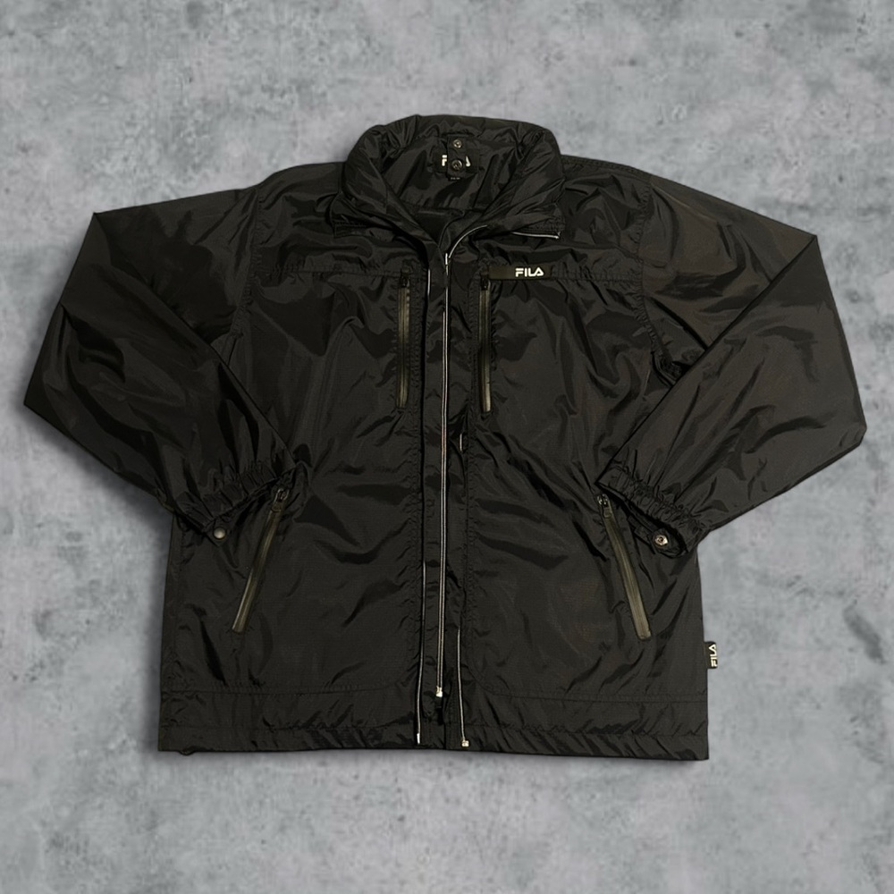 Vintage 90s Fila Men’s Full-Zip Nylon Windbreaker Jacket Black(XXL)
